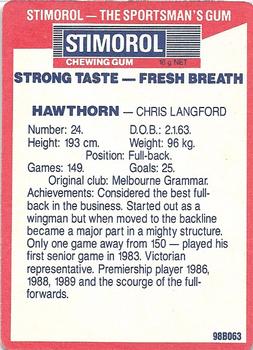 1990 AFL Scanlens Stimorol #11 Chris Langford Back